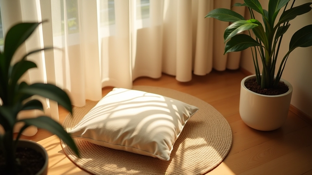 Meditation corner with cushion, plant, and incense on wooden floor