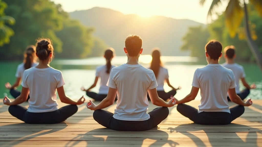 Peaceful meditation retreat setting with participants in mindful practice overlooking scenic Singapore waterfront
