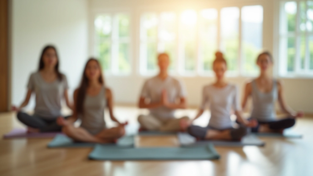 Group of meditators sitting in meditation hall during morning practice session with natural light from windows