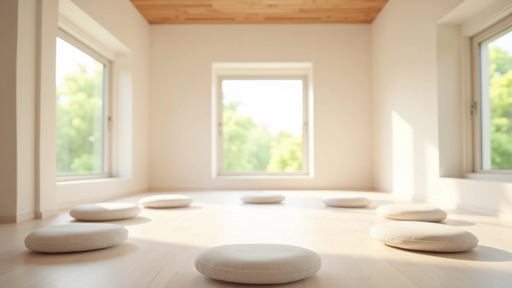 Modern meditation retreat room at Sentosa with cushioned seating area, calming neutral color palette, and serene minimalist decor