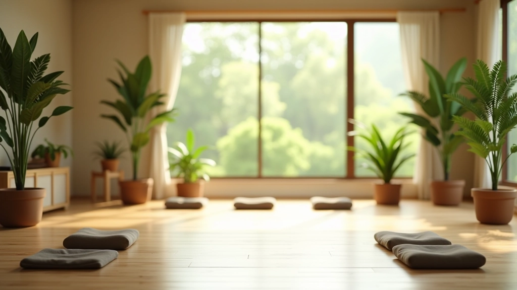 Serene meditation space with cushions and natural light from windows overlooking greenery