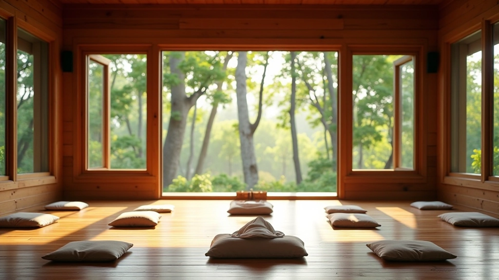 Rustic wooden meditation hall on Pulau Ubin with large windows overlooking forest canopy and natural light streaming through