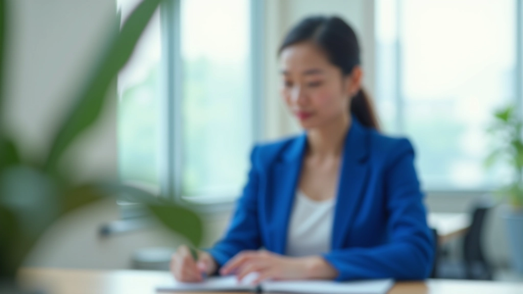 Professional woman at desk reviewing notes and planning daily schedule with focused expression in bright office environment